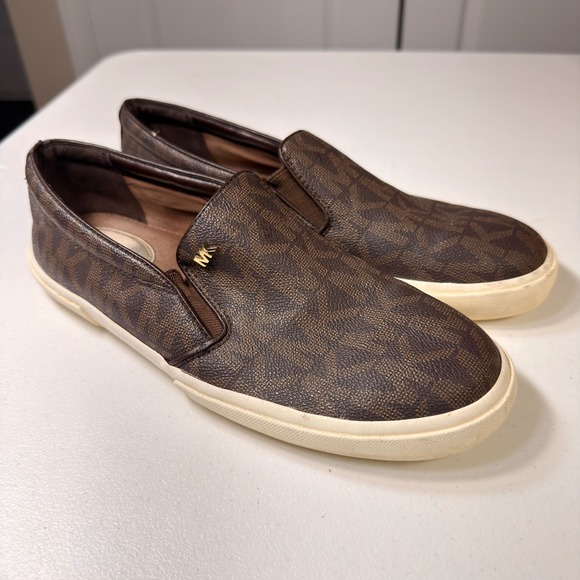 Michael Kors Shoes - Michael Kors Keaton Slip On Sneakers Brown Monogram Logo Loafers Size 9M